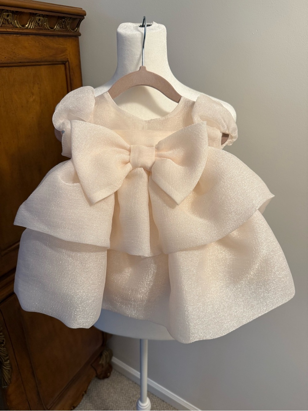 Bonnie Baby Shimmery Ivory Bow Layered Party Dress with Bloomers